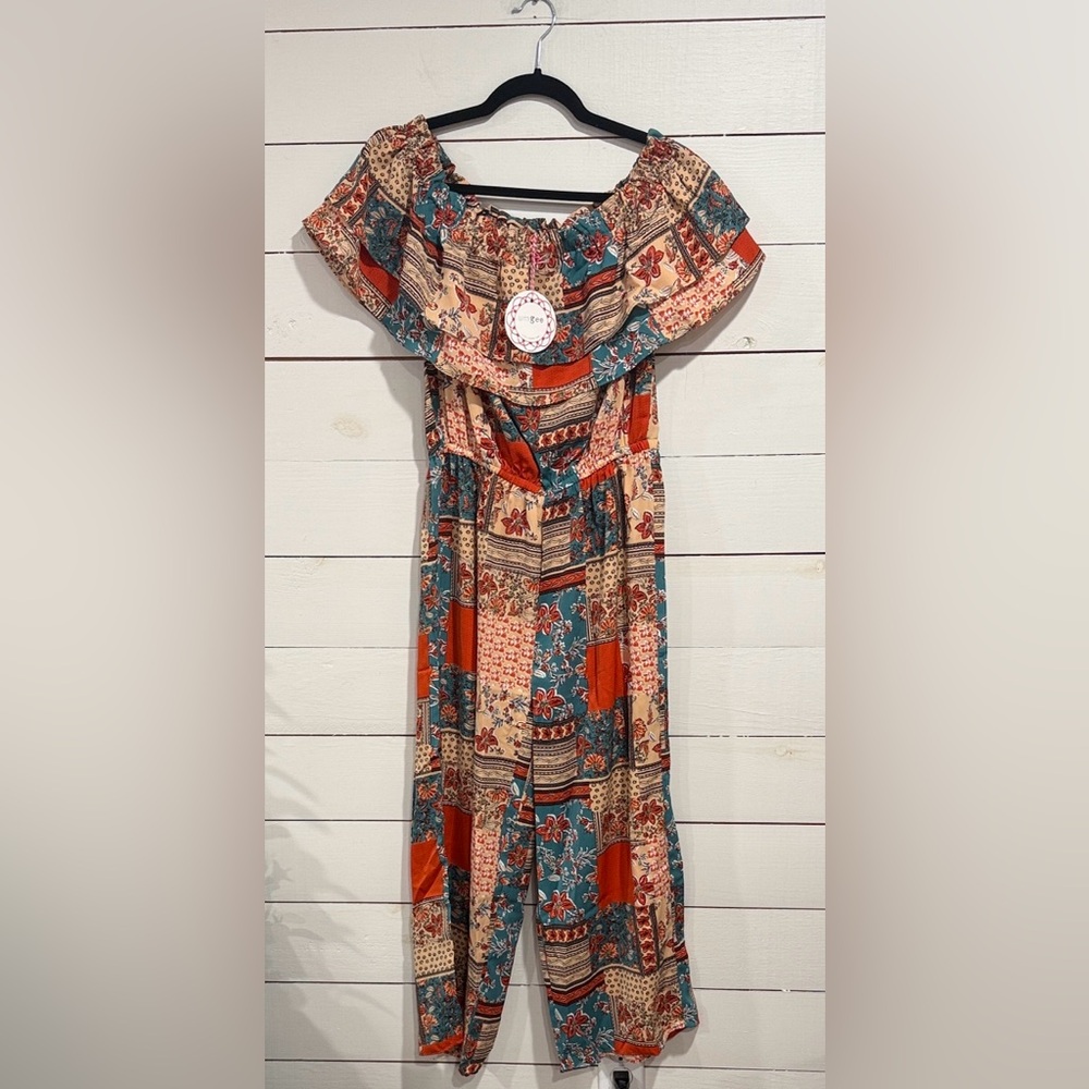 Umgee Off-Shoulder Patchwork Floral Jumpsuit in Teal & Rust